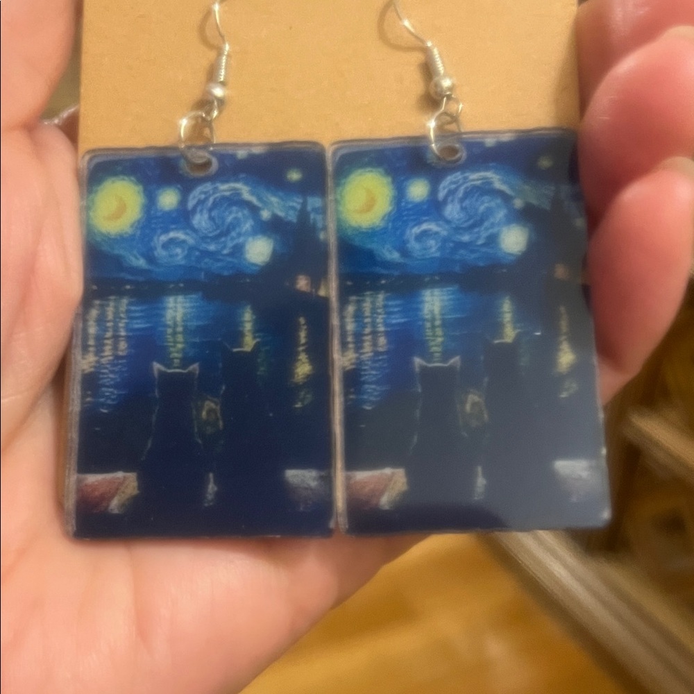 Starry Night Cat Dangle Earrings - Blue & Yellow